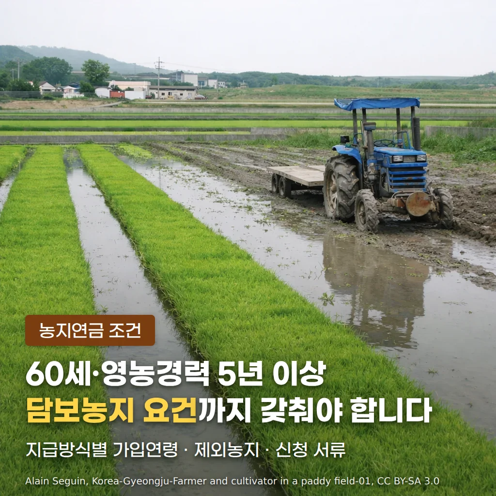 모판 줄과 물길이 이어진 논에 트레일러를 단 파란 경운기가 서 있고, 그 아래 농지연금 가입 조건 문구를 배치한 대표 이미지