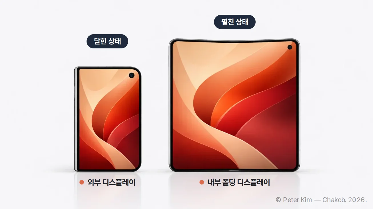 접힌 아이폰 듀오와 펼친 아이폰 듀오의 내부·외부 화면 및 힌지 구조