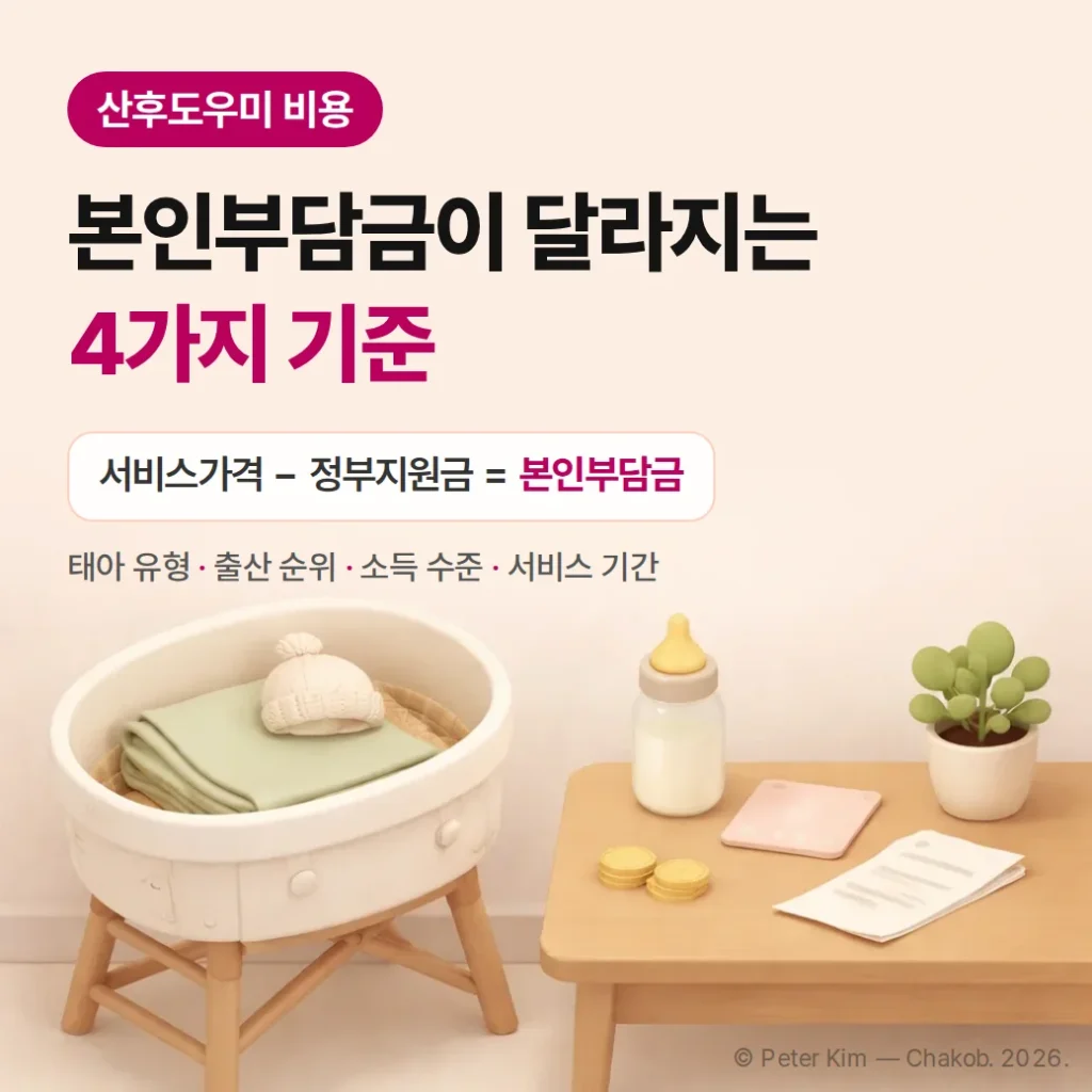 산후도우미 비용 — 본인부담금이 달라지는 4가지 기준 (부가서비스는 전액 자부담)