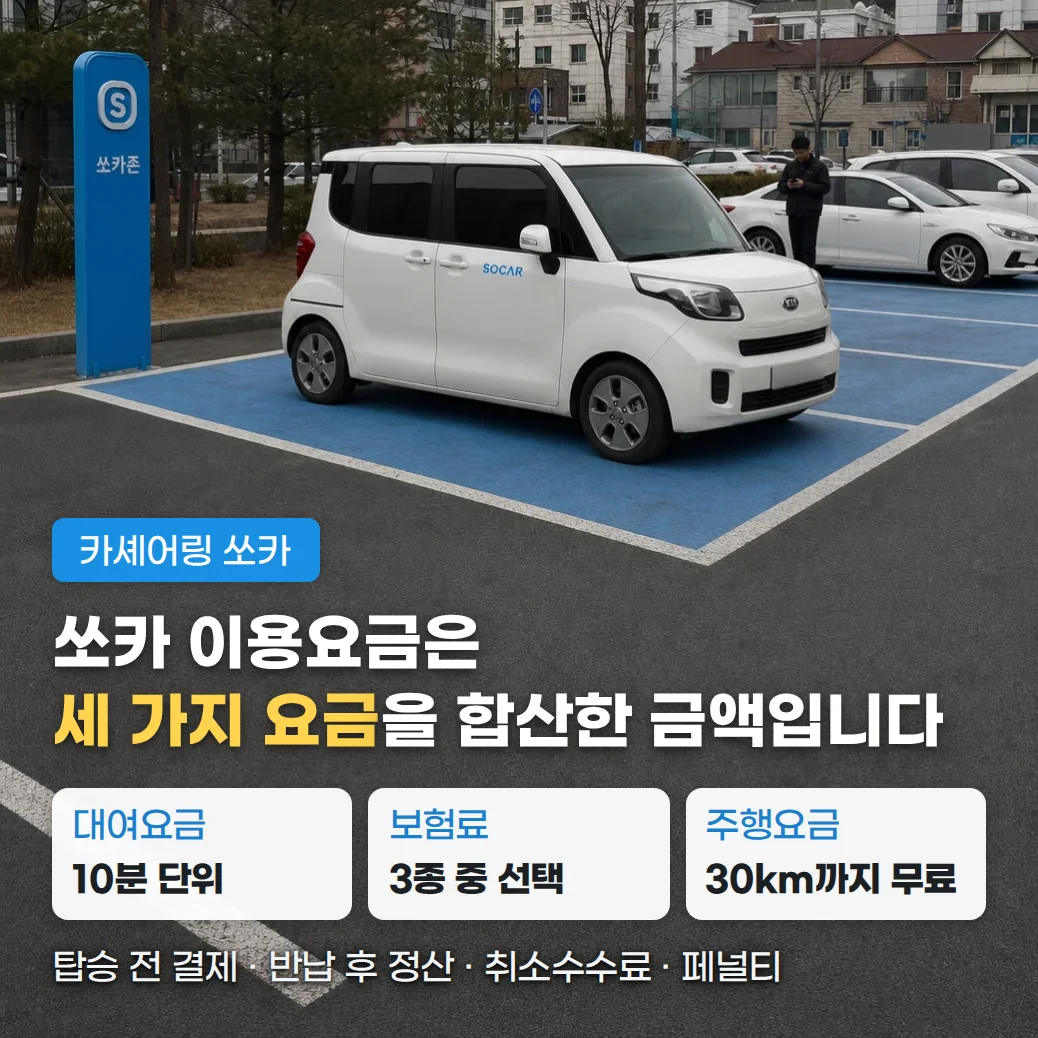 쏘카존에 주차된 흰 차량과 이용요금 구성 안내