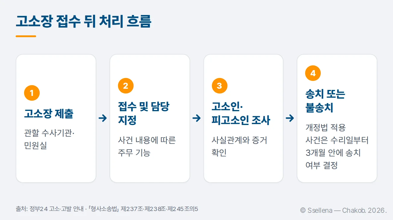 고소장 제출과 접수 뒤 담당 지정 및 조사로 이어지는 처리 흐름도