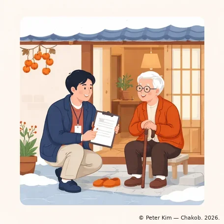 담당 공무원이 어르신 댁을 찾아가 무릎을 굽히고 동의를 구하는 일러스트
