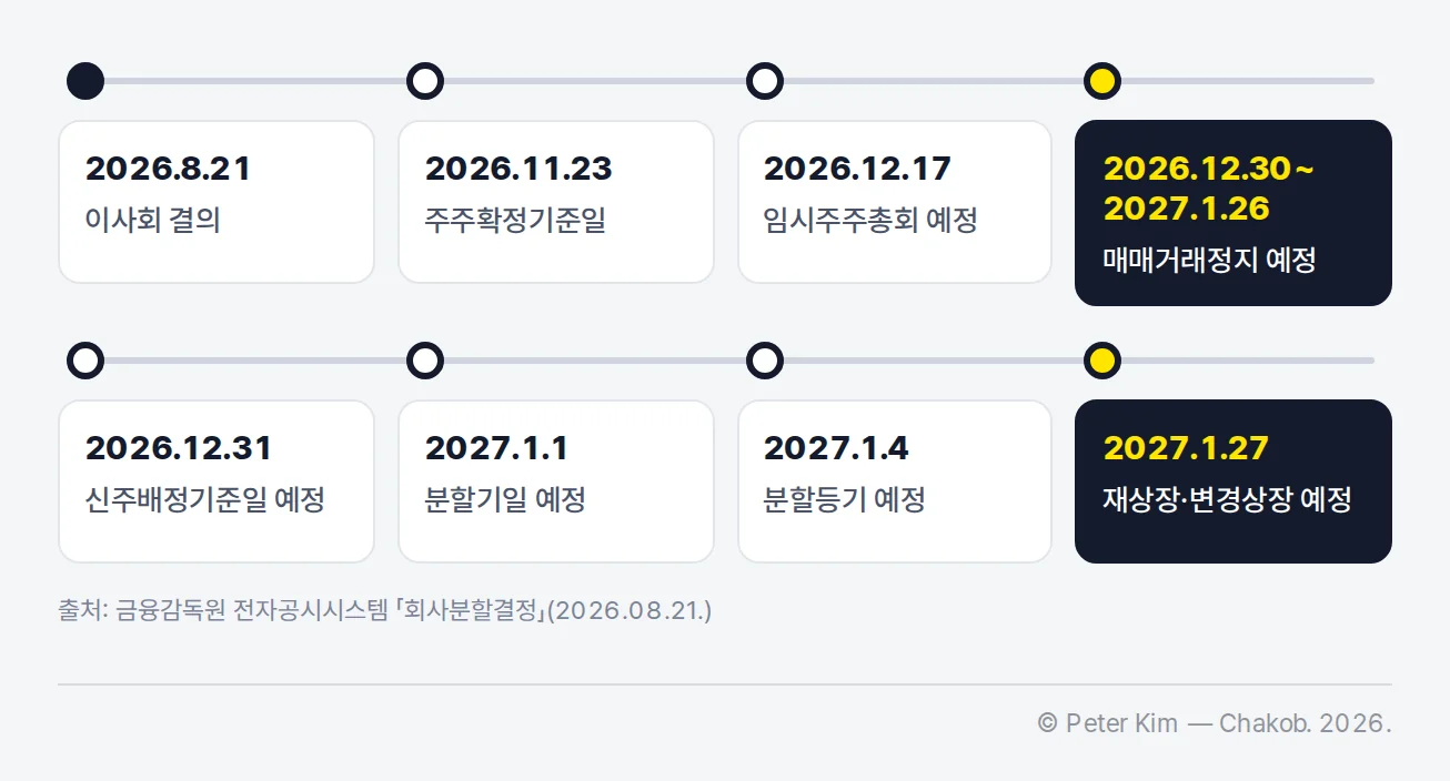 카카오 인적분할의 이사회 결의, 주주확정기준일, 임시주주총회, 거래정지, 분할기일, 재상장 일정을 연결한 타임라인