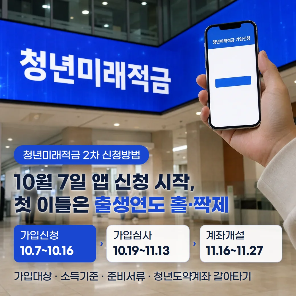 은행 로비 전광판의 청년미래적금 문구와 청년미래적금 가입신청 앱 화면을 띄운 스마트폰, 하단에 2차 가입신청·가입심사·계좌개설 일정