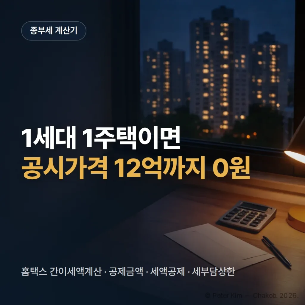 종부세 계산기 입력값과 공제금액 정리 (1세대 1주택은 공시가격 12억까지 0원)