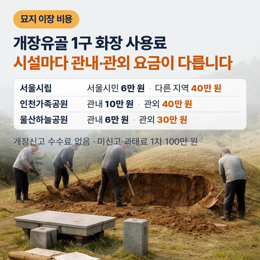 묘지 이장 비용, 시설별 개장유골 화장료와 신고방법