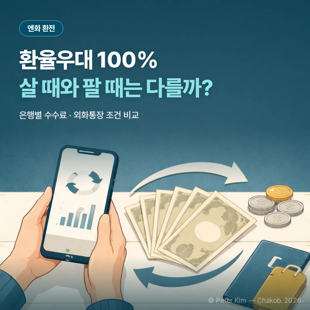 엔화 지폐와 스마트폰 환전 화면을 배경으로 살 때와 되팔 때 조건을 비교하는 커버 이미지