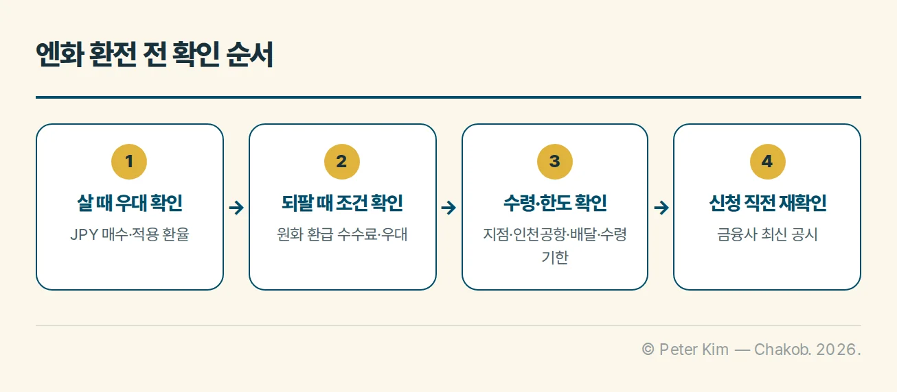엔화 환전 전 살 때 우대와 되팔 때 조건, 수령과 한도를 차례로 확인하는 흐름도