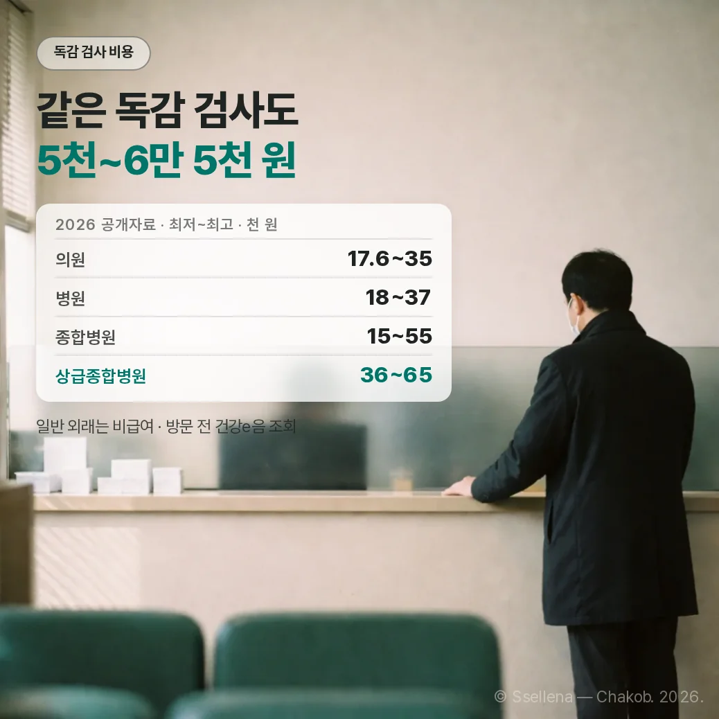 진료 시간 동네 의원 접수대에서 검사비를 묻는 마스크 쓴 사람과 기관 종류별 독감 검사비 표를 담은 정방형 커버
