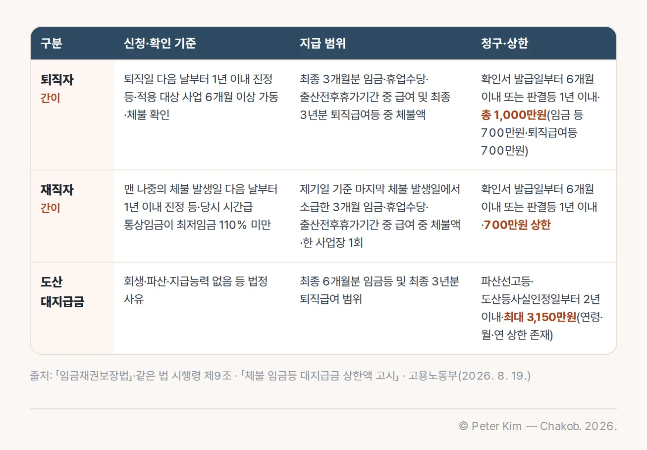퇴직자·재직자·도산 상황별 대지급금의 대상 기준과 지급 범위 및 청구기한과 상한을 비교한 표