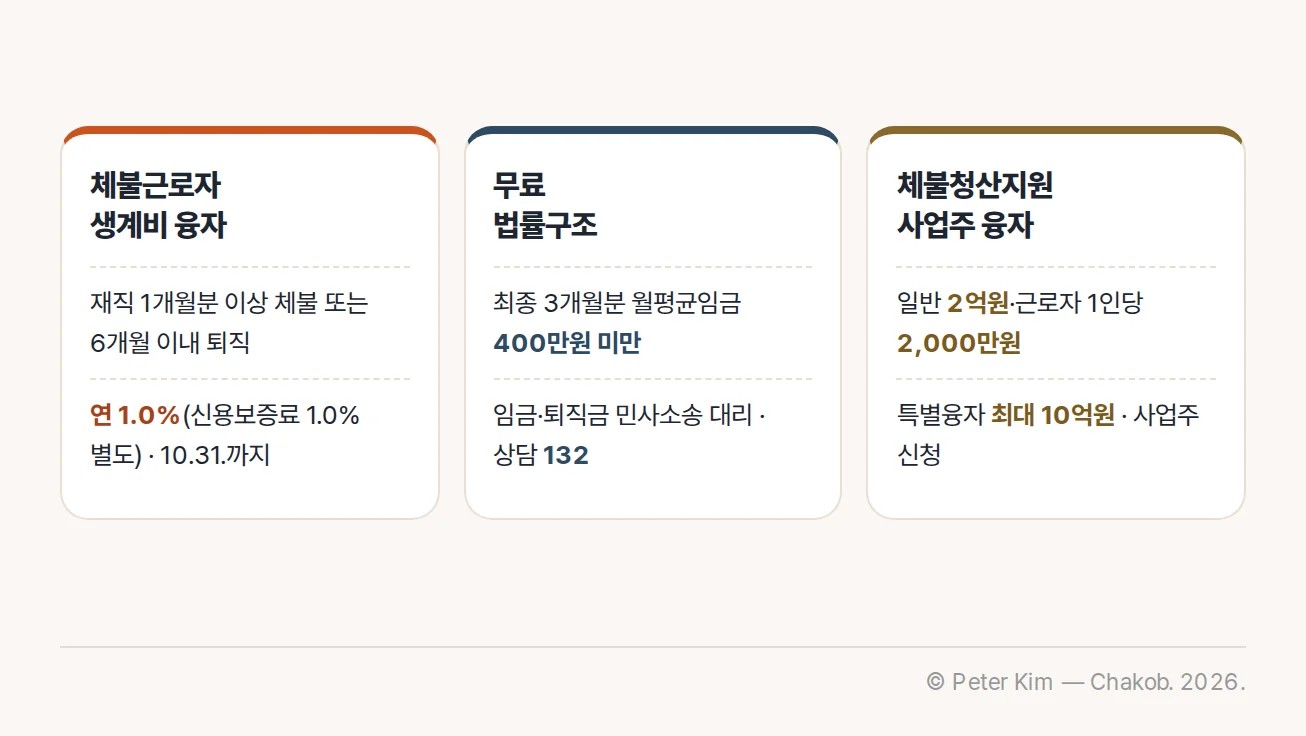 체불근로자 생계비 융자와 무료 법률구조 및 체불청산지원 사업주 융자를 신청 주체와 조건별로 비교한 카드