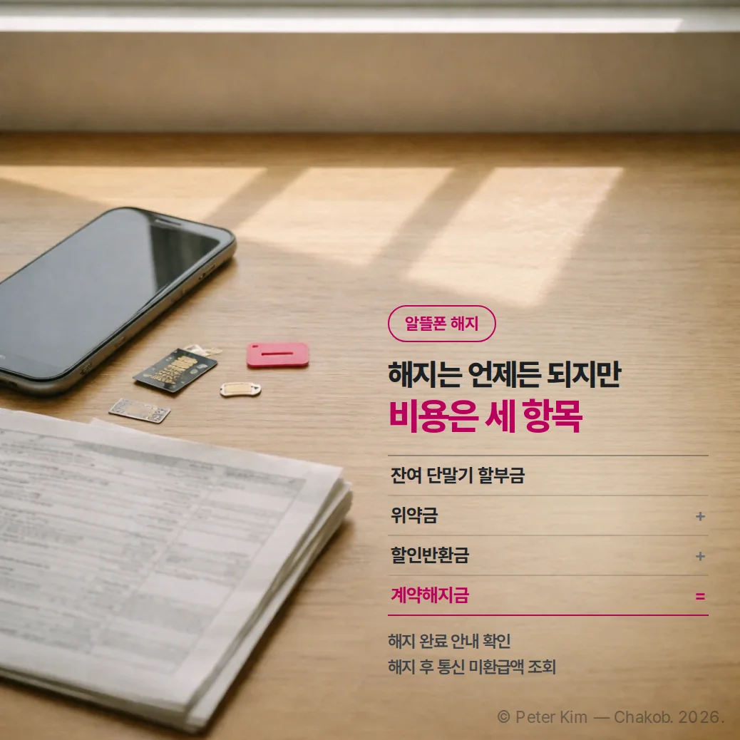 오전 햇빛이 드는 오크 테이블 위에 유심 트레이를 빼 둔 휴대폰, 유심, 분홍 카드 틀, 접힌 청구서