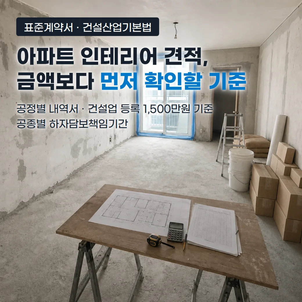 철거를 마친 아파트 거실의 작업대 위에 평면도와 공정별 내역서가 놓이고 뒤편에 타일 박스와 도장 버킷이 쌓인 인테리어 공사 현장, 아파트 인테리어 견적 금액보다 먼저 확인할 기준 문구