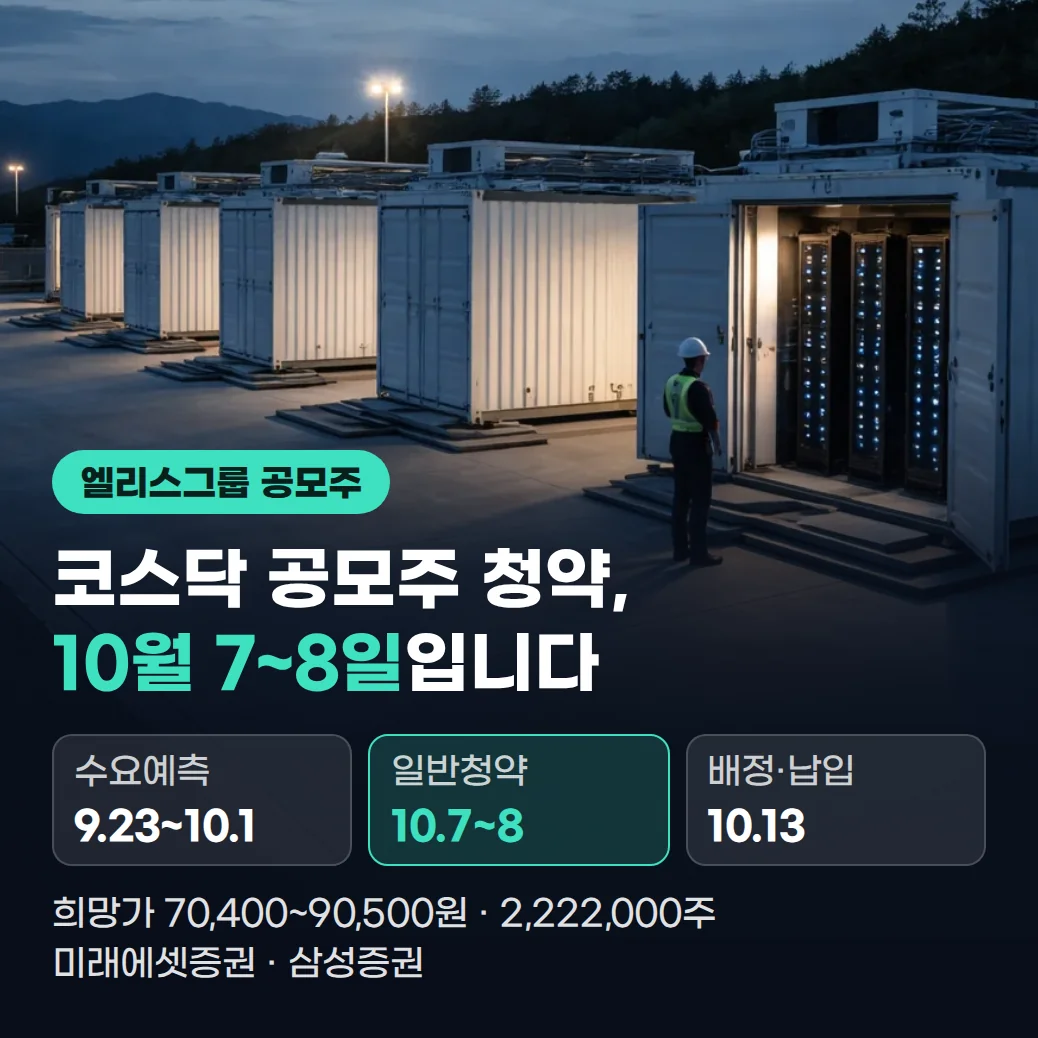 서버 랙이 보이는 모듈형 데이터센터 컨테이너와 엘리스그룹 공모주 청약 일정
