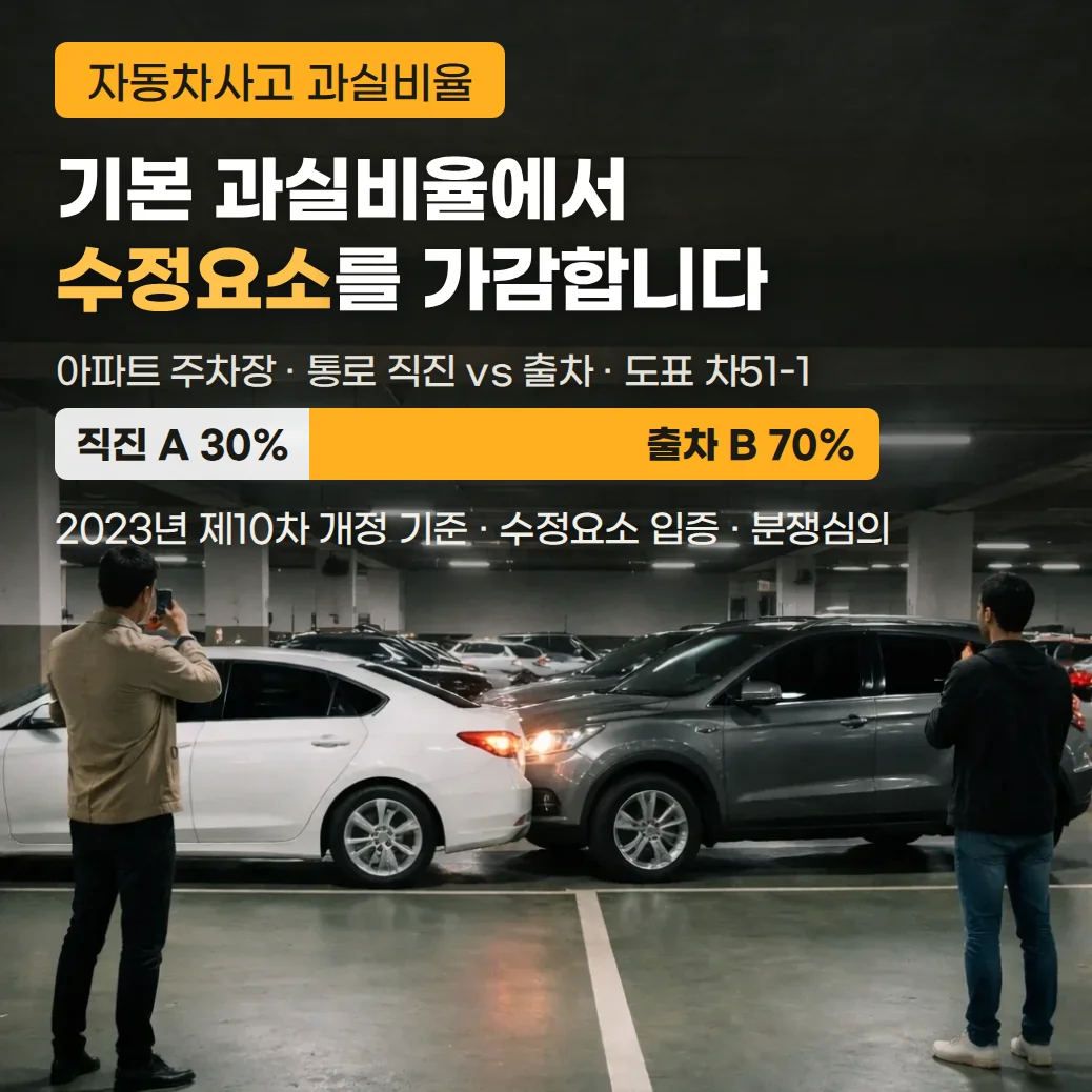 아파트 주차장에서 통로를 직진하는 흰색 승용차와 출차하는 회색 SUV가 접촉하고 두 운전자가 사고 상황을 확인하는 장면과 자동차사고 과실비율 안내 문구