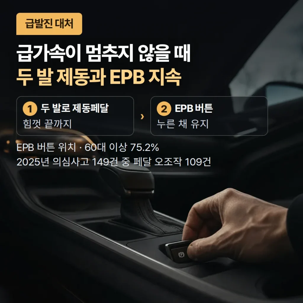 급발진 대처 방법, 두 발 제동과 EPB 작동 순서 확인