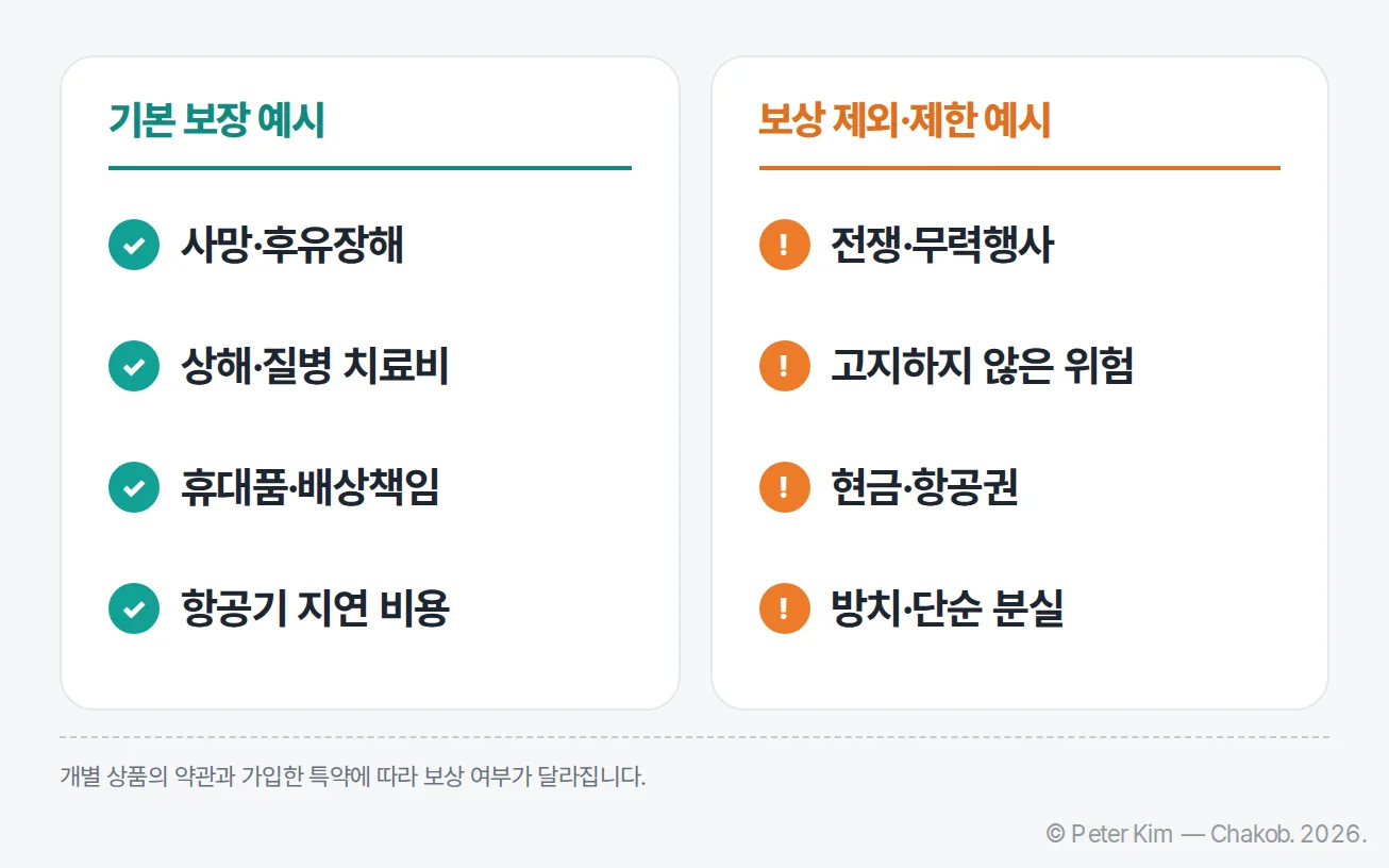 사망·후유장해와 치료비·휴대품·배상책임·항공기 지연 보장 및 전쟁·고지 누락·휴대품 제외 항목을 정리한 비교 카드