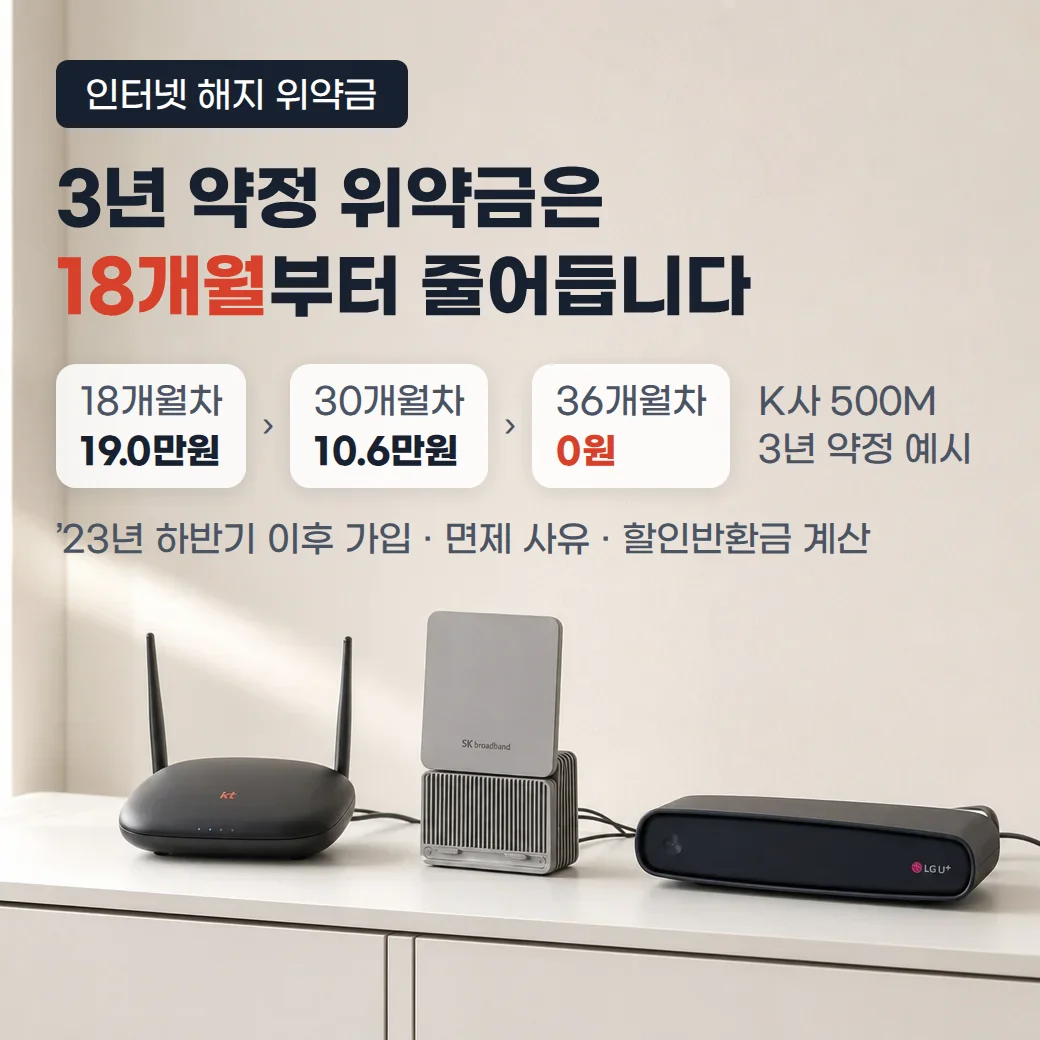 흰 TV 수납장 위에 놓인 KT·SK브로드밴드·LG유플러스 공유기와 3년 약정 위약금이 18개월부터 줄어든다는 문구, 18개월차 19.0만원·30개월차 10.6만원·36개월차 0원 예시
