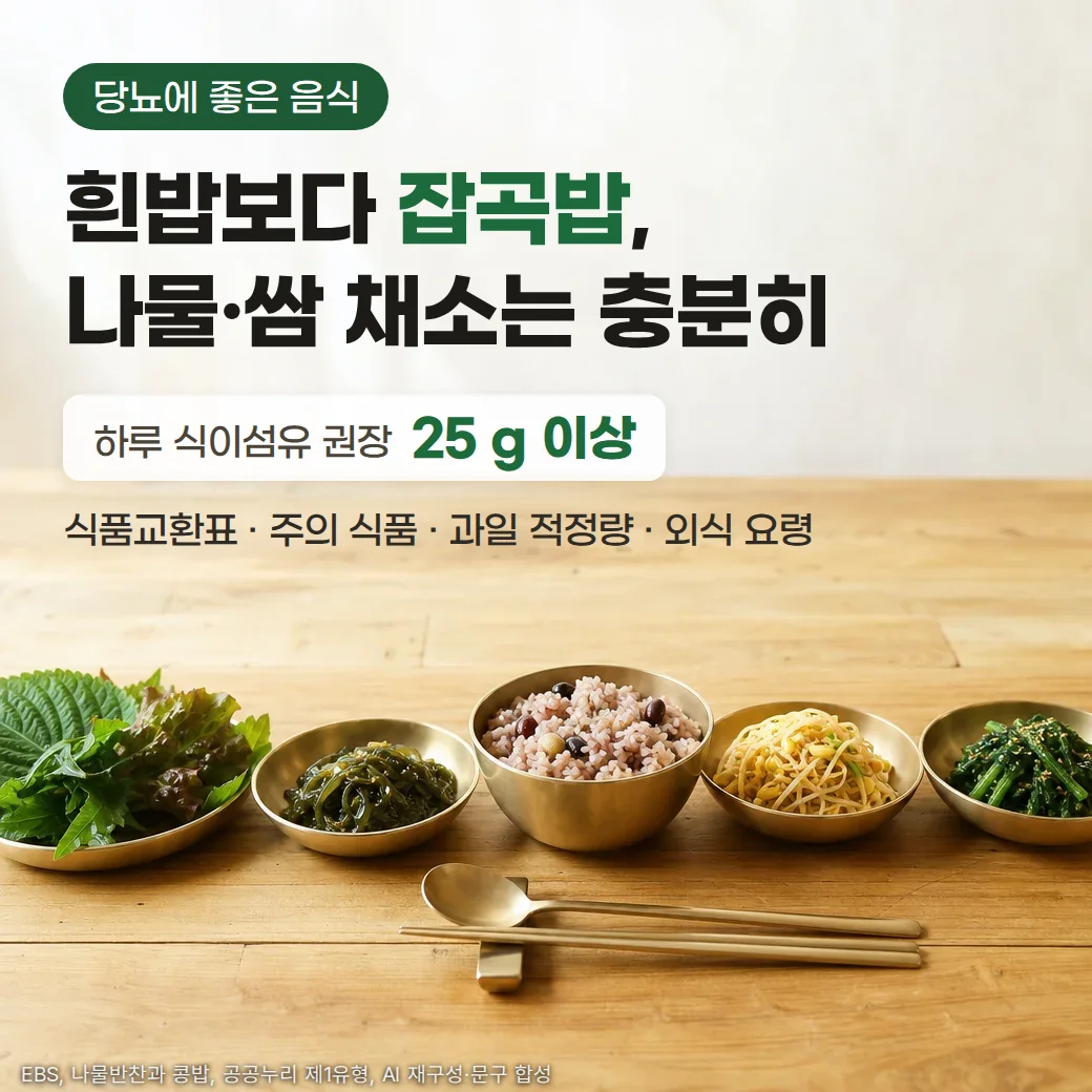 나무 식탁 위 놋그릇에 담긴 콩 섞인 잡곡밥과 쌈 채소, 미역 줄기, 콩나물무침, 시금치나물 한 끼 상차림