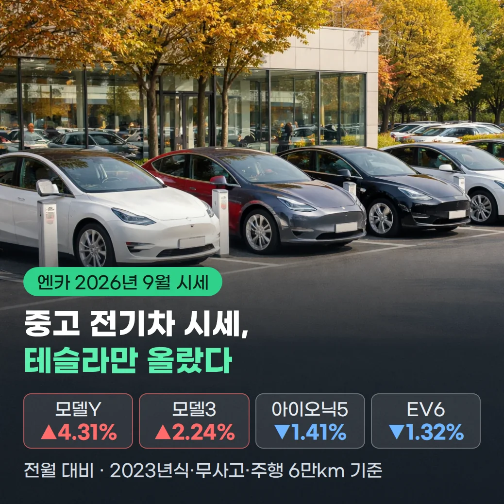중고 전기차 매매단지와 엔카 2026년 9월 시세, 테슬라 모델Y·모델3 상승 및 아이오닉5·EV6 하락 수치를 보여 주는 대표 이미지