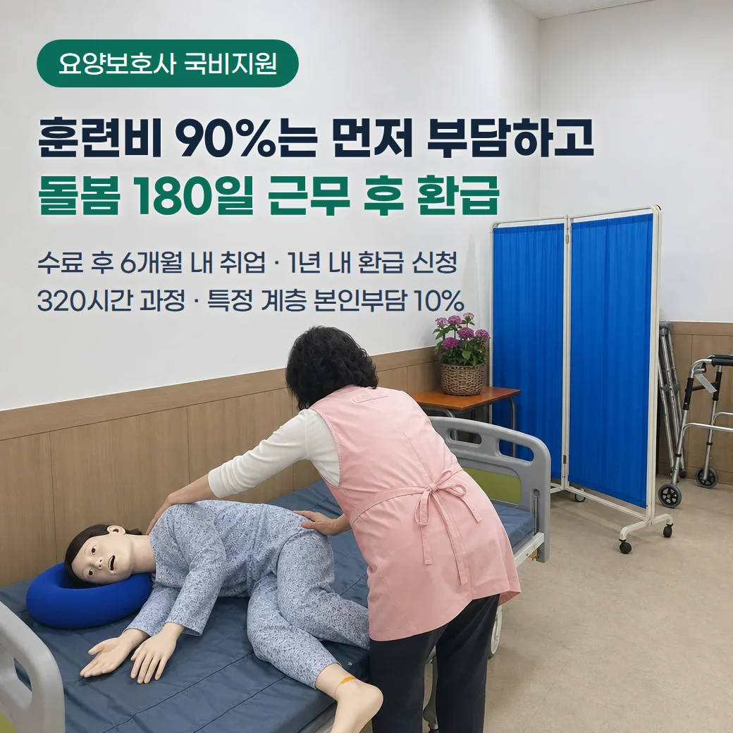 요양보호사교육원 실기실에서 교육생이 요양 침대 위 실습용 마네킹의 자세를 바꾸는 장면과 요양보호사 국비지원 훈련비 부담·환급 조건 문구