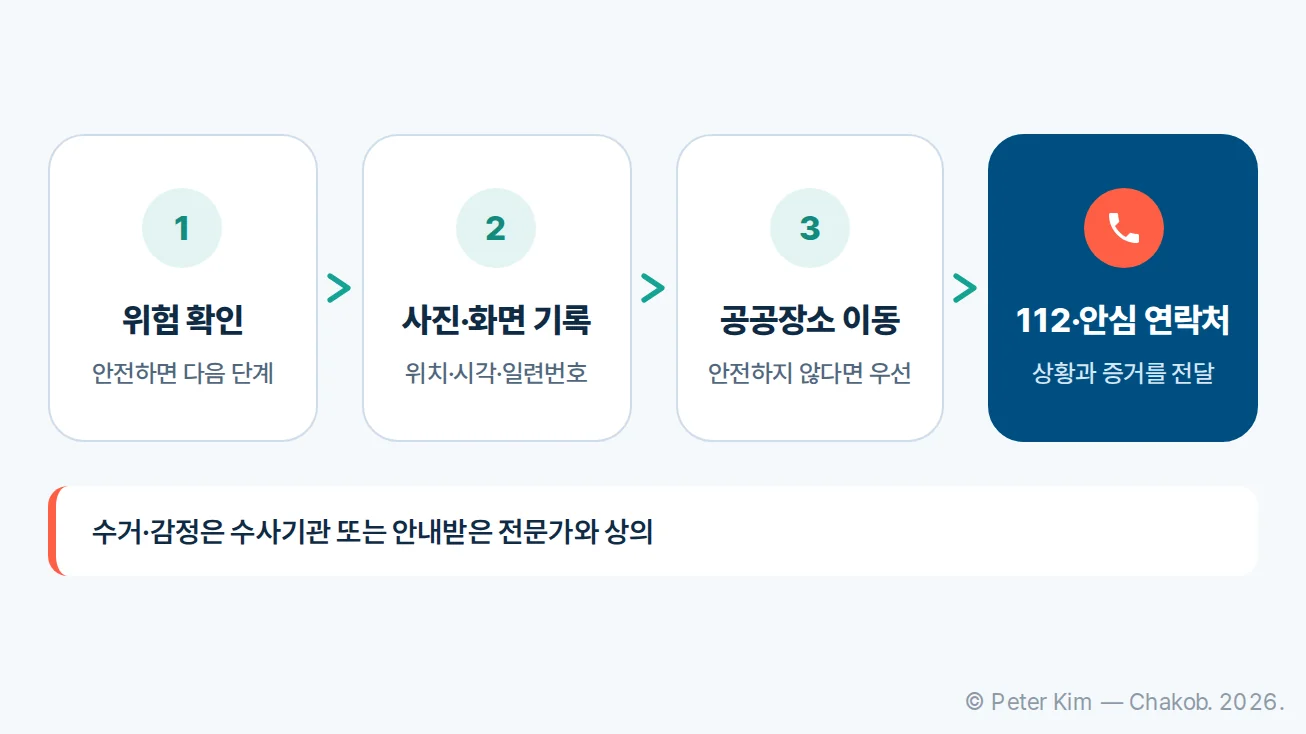 위험 확인부터 기록과 안전한 장소 이동, 신고로 이어지는 대응 흐름도