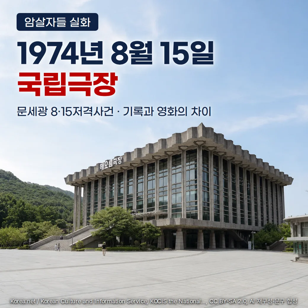 서울 장충동 국립극장 해오름극장의 낮 전경 위에 암살자들 실화, 1974년 8월 15일 국립극장, 문세광 8·15저격사건, 기록과 영화의 차이라는 문구를 합성한 커버