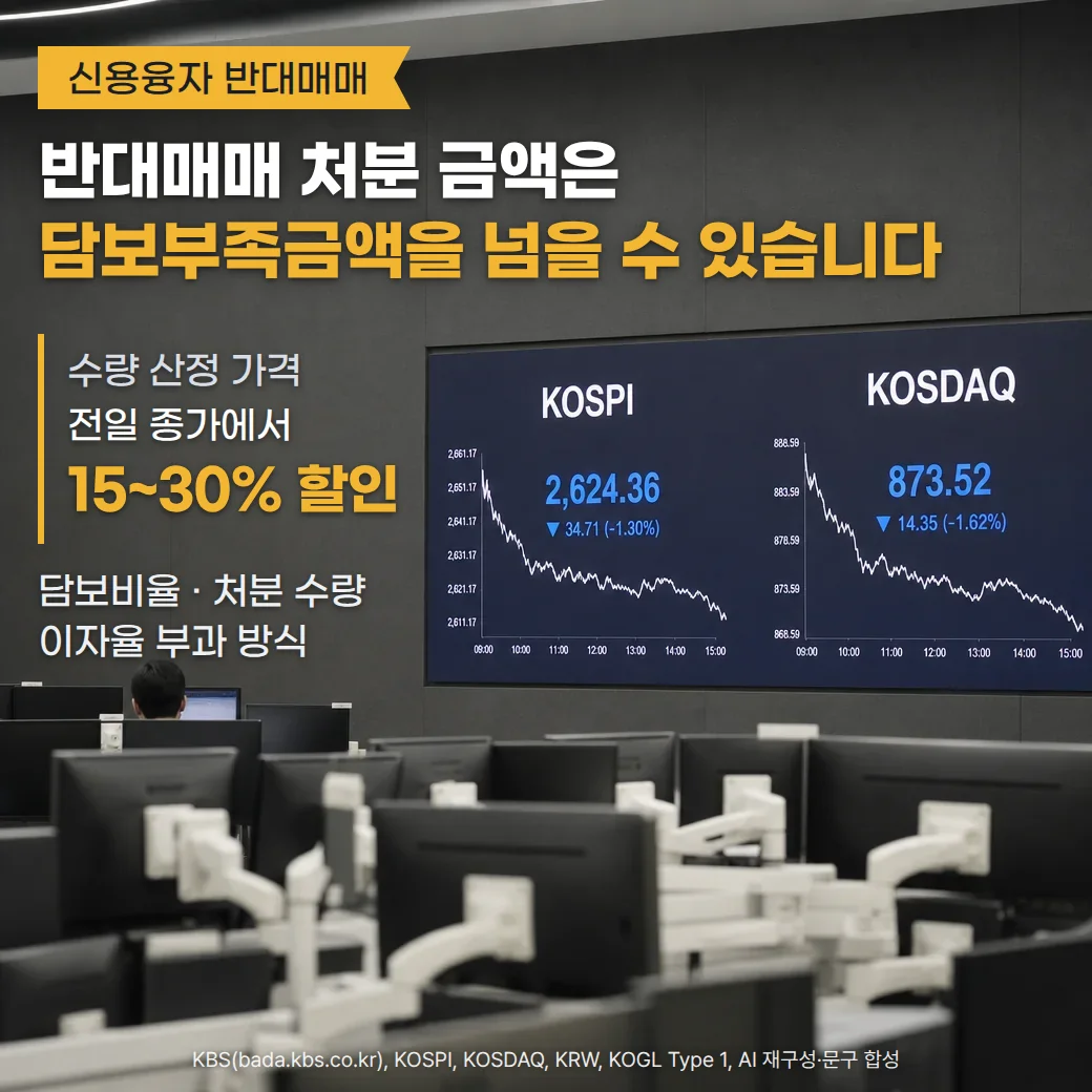 은행 딜링룸 벽면의 코스피·코스닥 시세 전광판에 하락하는 지수 그래프가 떠 있고 앞쪽에 딜러 책상의 모니터가 늘어선 장면 위에, 신용융자 반대매매 배지와 '반대매매 처분 금액은 담보부족금액을 넘을 수 있습니다' 제목, 수량 산정 가격은 전일 종가에서 15~30% 할인한 가격이라는 안내, '담보비율 · 처분 수량, 이자율 부과 방식' 안내가 있습니다
