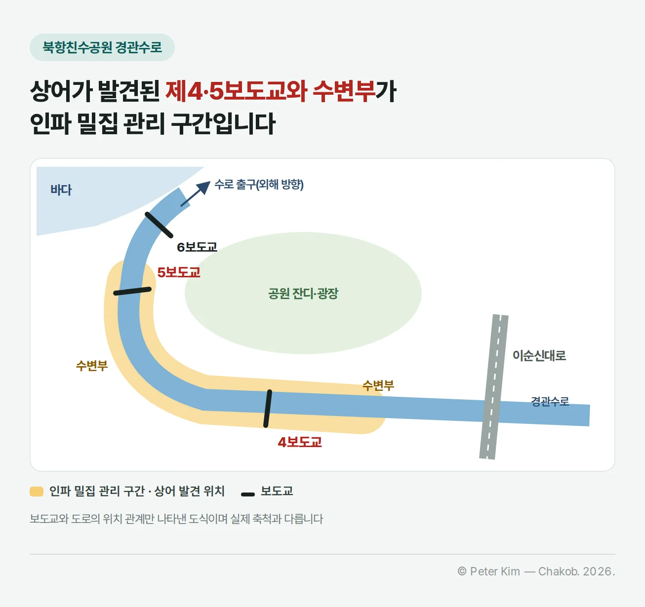 북항친수공원 경관수로 도식. 바다 쪽 수로 출구에서 6보도교, 5보도교, 4보도교 순으로 수로가 공원 잔디·광장을 감싸고 이순신대로 아래로 이어지며, 5보도교에서 4보도교까지의 수변부가 상어 발견 위치이자 인파 밀집 관리 구간으로 노랗게 표시됨