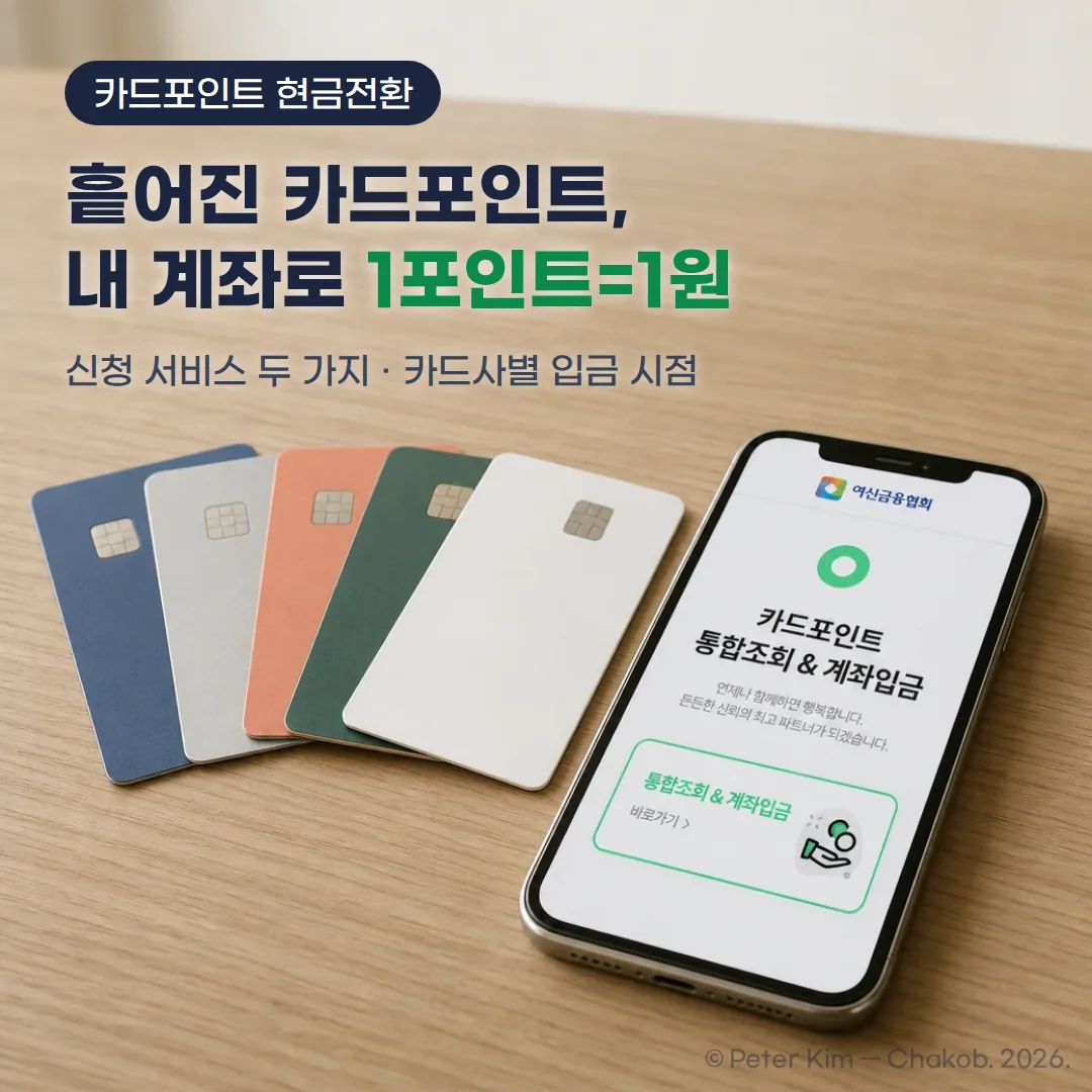 밝은 나무 탁자 위에 여러 색의 카드가 나란히 펼쳐져 있고, 오른쪽 휴대폰 화면에 여신금융협회 카드포인트 통합조회 & 계좌입금 페이지가 떠 있습니다. 위쪽에 카드포인트 현금전환, 흩어진 카드포인트, 내 계좌로 1포인트=1원, 신청 서비스 두 가지 · 카드사별 입금 시점 문구가 있습니다.