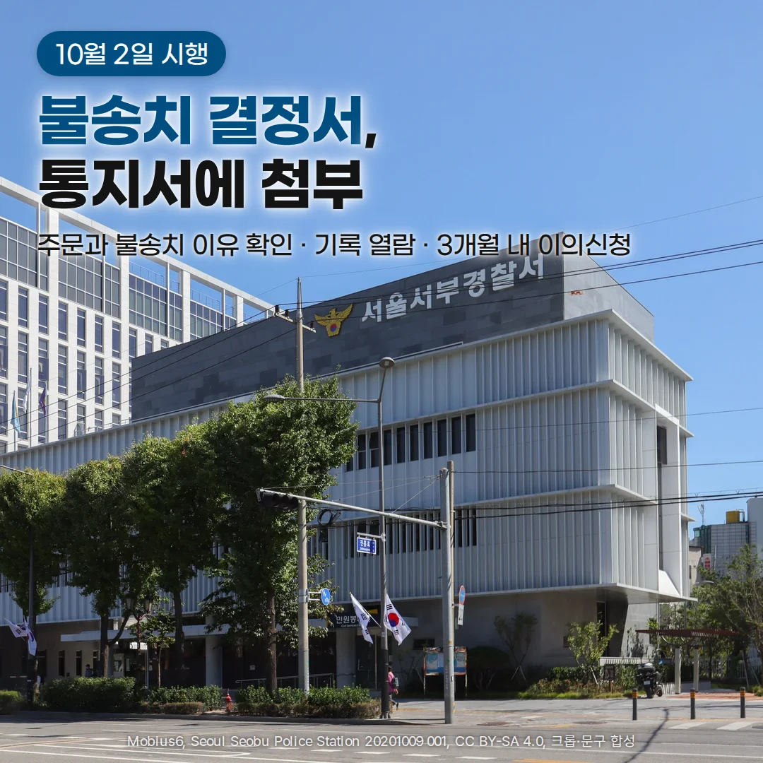 맑은 하늘 아래 '서울서부경찰서' 간판이 걸린 경찰서 청사 사진 위에 '10월 2일 시행' 배지, '불송치 결정서, 통지서에 첨부' 제목, '주문과 불송치 이유 확인 · 기록 열람 · 3개월 내 이의신청' 문구를 합성한 커버