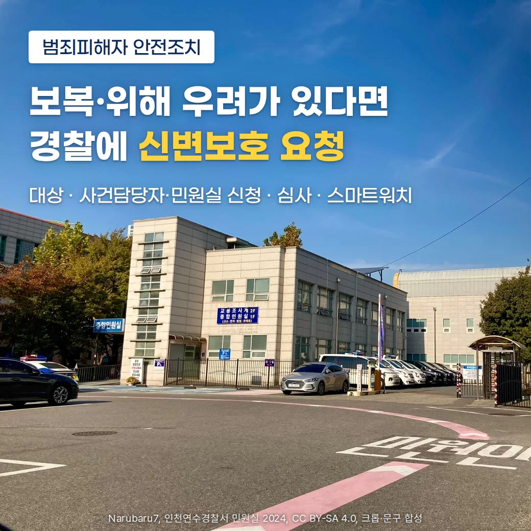 맑은 낮 하늘 아래 경찰서 종합민원실 건물과 순찰차, 노면에 '민원인' 표시가 있는 진입로가 보이는 사진 위에 '범죄피해자 안전조치' 배지, '보복·위해 우려가 있다면 경찰에 신변보호 요청'이라는 제목, '대상 · 사건담당자·민원실 신청 · 심사 · 스마트워치'라는 부제가 있습니다.