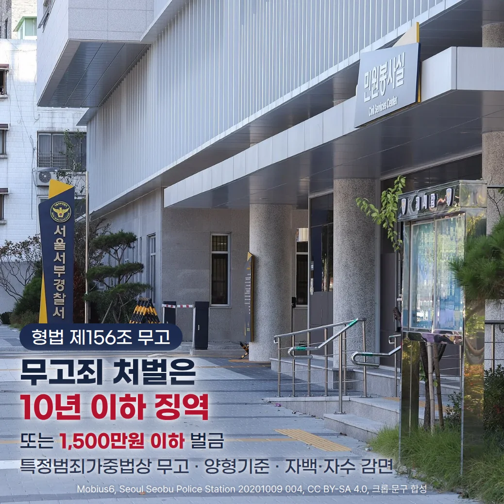 서울서부경찰서 표지 기둥과 민원봉사실 입구가 보이는 경찰서 앞 보도 위에 '형법 제156조 무고' 배지, '무고죄 처벌은 10년 이하 징역' 제목, '또는 1,500만원 이하 벌금', '특정범죄가중법상 무고 · 양형기준 · 자백·자수 감면' 문구를 합성한 커버