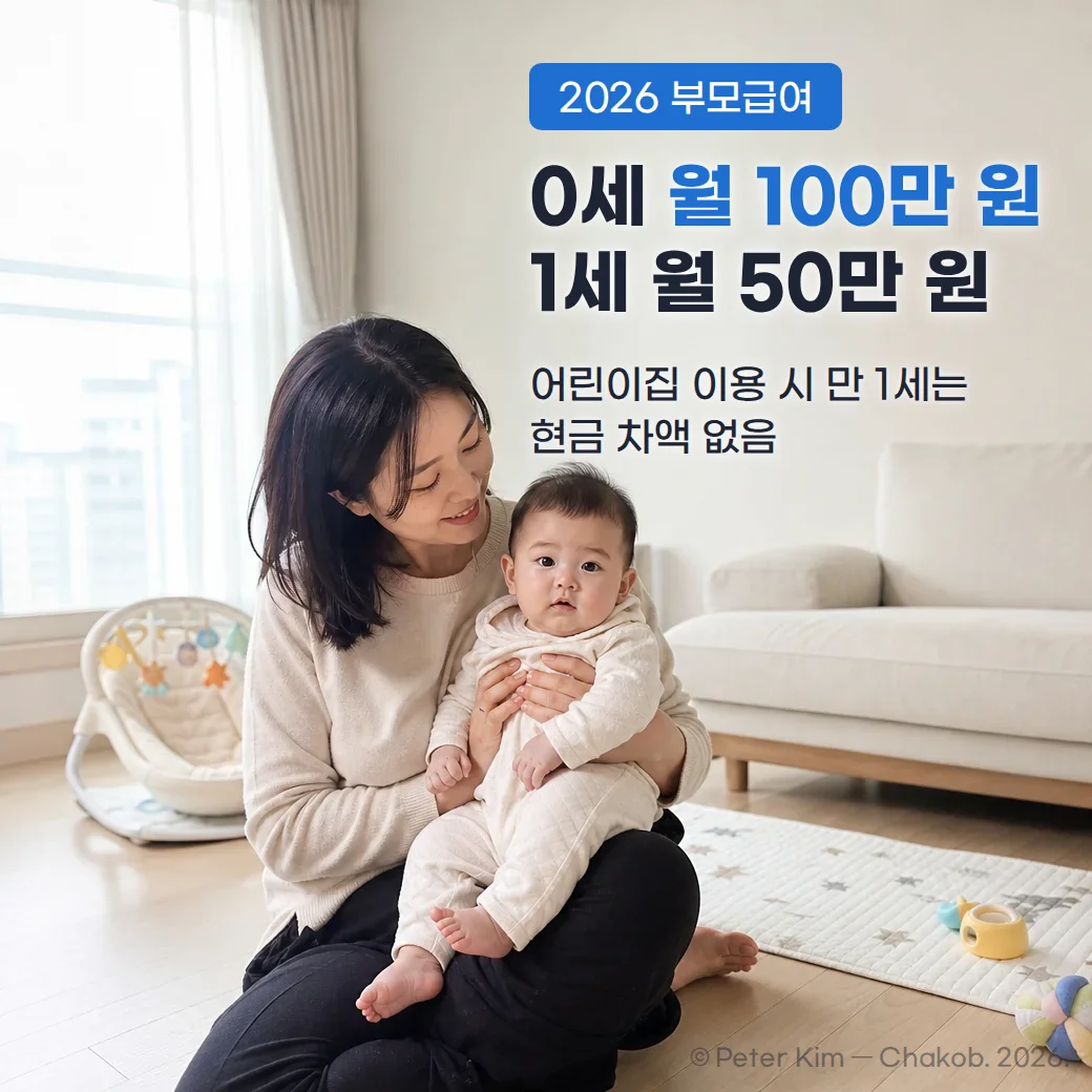 밝은 아파트 거실 바닥에 앉은 엄마가 아기를 무릎에 안고 웃는 사진 위에 2026 부모급여, 0세 월 100만 원, 1세 월 50만 원, 어린이집 이용 시 만 1세는 현금 차액 없음이라는 문구가 있습니다