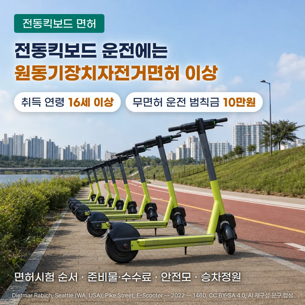 하천과 고층 아파트 단지를 배경으로 빨간 자전거도로 옆 보도에 연두색 공유 전동킥보드가 한 줄로 서 있는 사진 위에 '전동킥보드 면허' 배지와 '전동킥보드 운전에는 원동기장치자전거면허 이상' 제목, '취득 연령 16세 이상', '무면허 운전 범칙금 10만원' 칩, '면허시험 순서 · 준비물·수수료 · 안전모 · 승차정원' 문구가 있는 커버