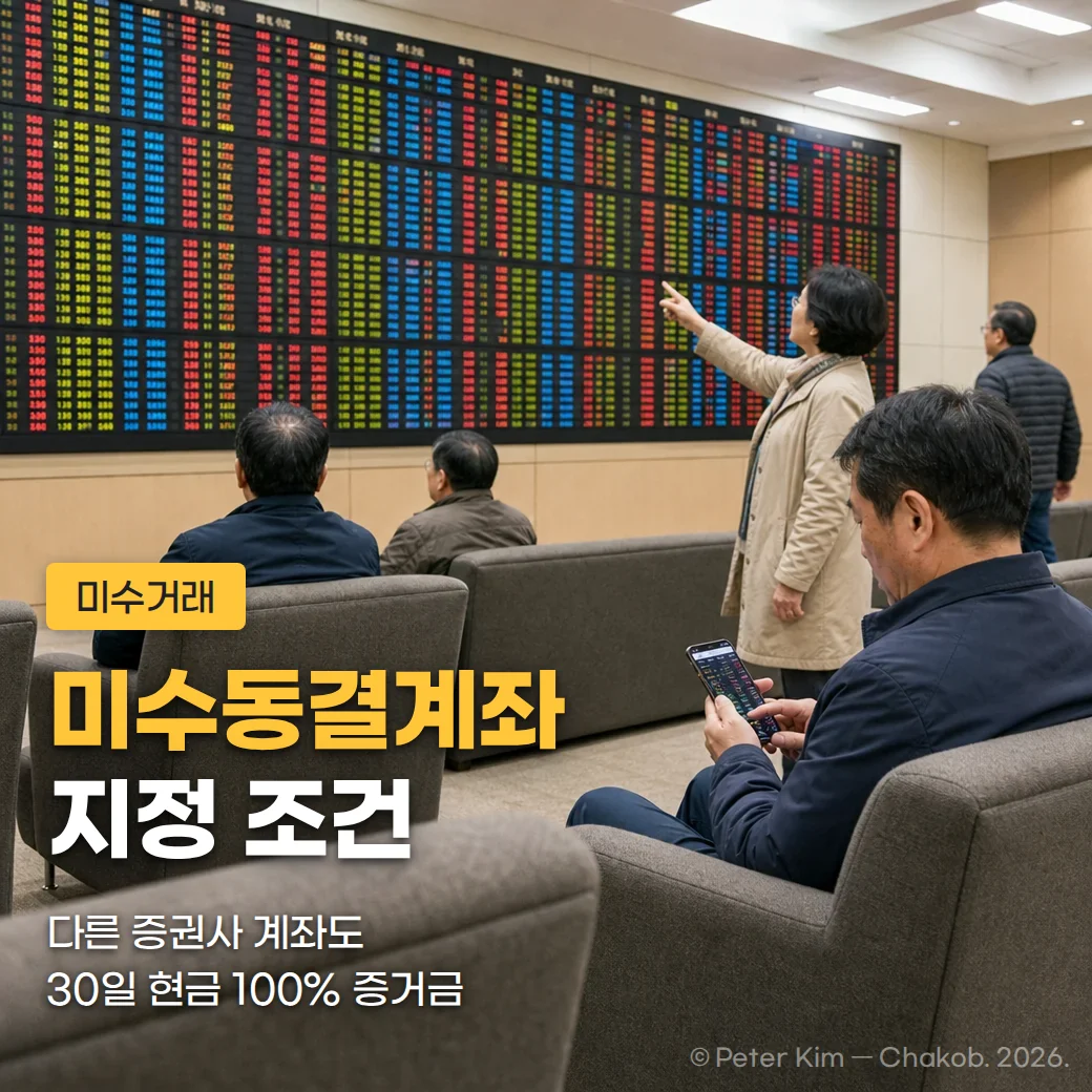 증권사 객장의 대형 시세판 앞 소파에 개인 투자자들이 앉아 있고 한 사람은 시세판을 가리키며, 앞쪽 투자자는 스마트폰으로 주식 시세를 보고 있다. 왼쪽 아래에 '미수거래', '미수동결계좌 지정 조건', '다른 증권사 계좌도 30일 현금 100% 증거금'이라는 글자가 있다.