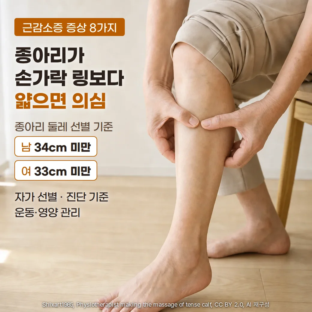 의자에 앉은 어르신이 두 손의 엄지와 검지로 종아리를 감싸는 손가락 링 테스트 장면 위에 근감소증 증상 8가지, 종아리가 손가락 링보다 얇으면 의심, 종아리 둘레 선별 기준 남 34cm 미만·여 33cm 미만, 자가 선별·진단 기준·운동·영양 관리 문구를 넣은 대표 이미지
