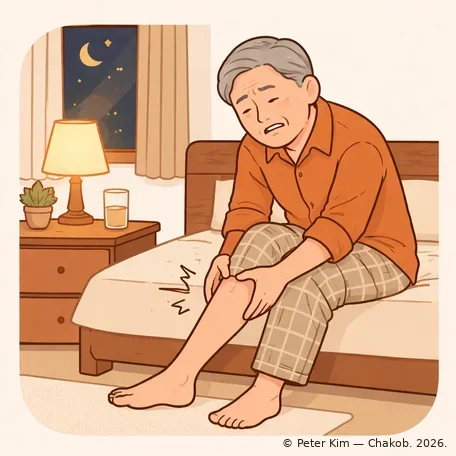 밤에 침대 끝에 앉은 어르신이 헐렁한 잠옷 바지 차림으로 종아리를 두 손으로 붙잡고 경련에 얼굴을 찡그리는 일러스트