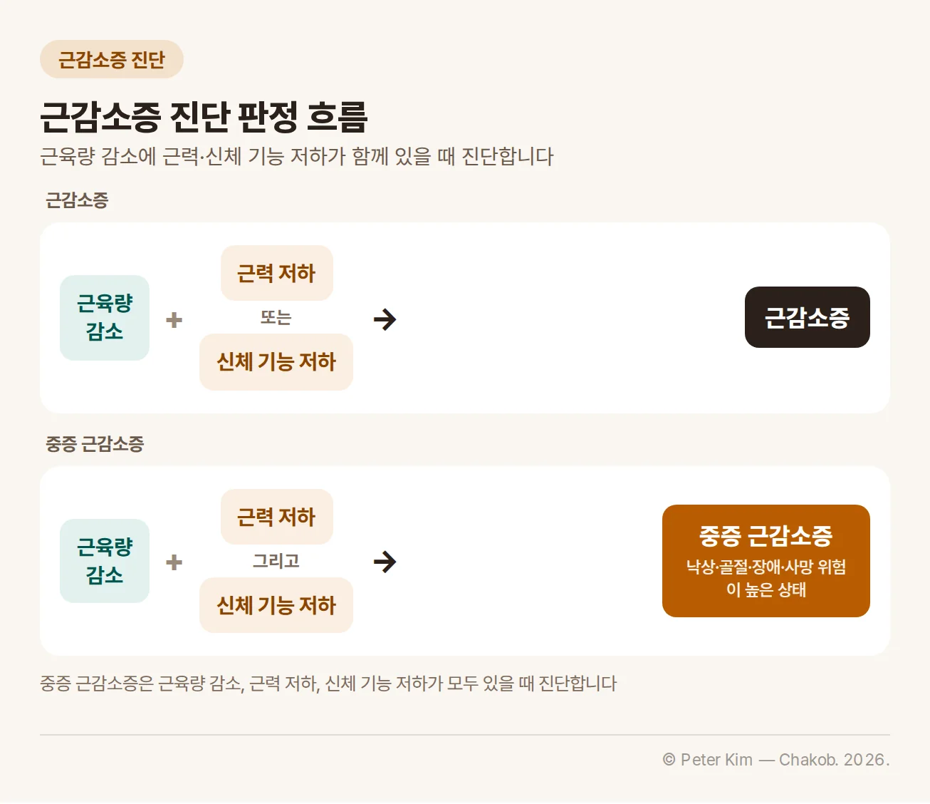 근감소증 진단 판정 흐름. 근육량 감소에 근력 저하 또는 신체 기능 저하가 더해지면 근감소증, 근육량 감소에 근력 저하와 신체 기능 저하가 모두 더해지면 낙상·골절·장애·사망 위험이 높은 상태인 중증 근감소증