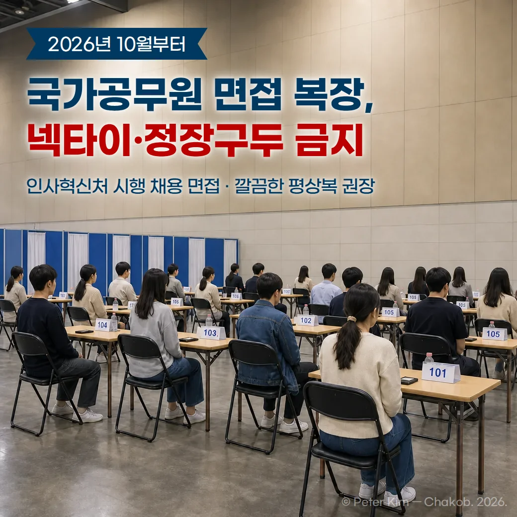 넓은 전시장형 면접 대기장에서 니트와 셔츠, 청바지에 운동화를 신은 응시자들이 번호표가 놓인 책상 앞 접이식 의자에 줄지어 앉아 있는 뒷모습 사진 위에 '2026년 10월부터', '국가공무원 면접 복장, 넥타이·정장구두 금지', '인사혁신처 시행 채용 면접 · 깔끔한 평상복 권장'이라는 문구가 있는 커버