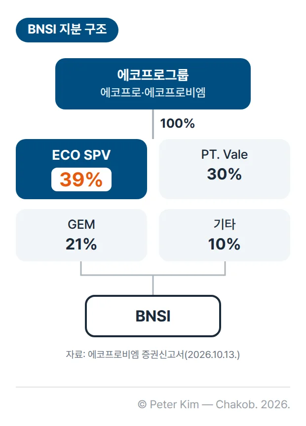 BNSI 지분 구조도 — 에코프로그룹(에코프로·에코프로비엠)이 100% 출자하는 ECO SPV가 BNSI 지분 39%를 보유하고, PT. Vale 30%, GEM 21%, 기타 10%를 보유하는 구조입니다