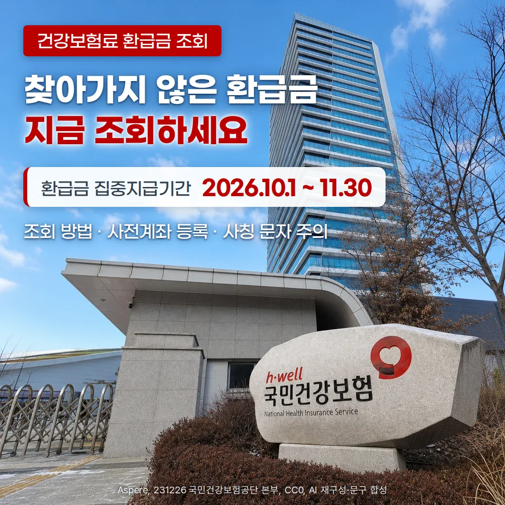맑은 겨울 하늘 아래 국민건강보험공단 본부 건물과 '국민건강보험' 표지석이 보이는 사진 위에 '건강보험료 환급금 조회' 배지, '찾아가지 않은 환급금 지금 조회하세요' 제목, 환급금 집중지급기간 2026년 10월 1일부터 11월 30일까지라는 카드, 조회 방법·사전계좌 등록·사칭 문자 주의를 다룬다는 안내 문구가 있는 커버