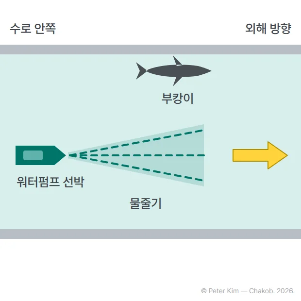 위에서 내려다본 수로 도식입니다. 왼쪽 수로 안쪽의 워터펌프 선박이 오른쪽 외해 방향으로 물줄기를 쏘고, 상어는 물줄기를 비켜 수로 벽 가까이에 붙어 있습니다. '수로 안쪽', '워터펌프 선박', '물줄기', '부캉이', '외해 방향' 글자가 있습니다