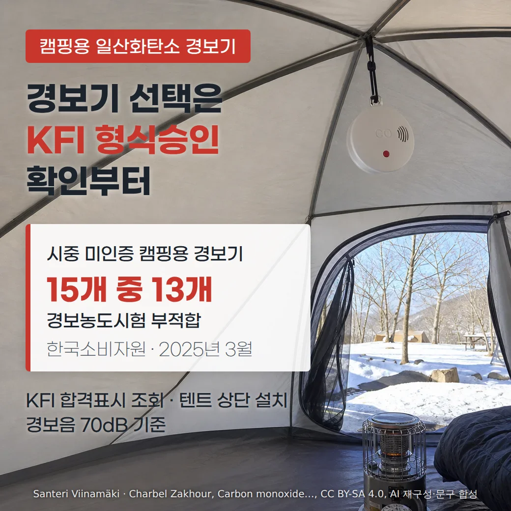 눈 덮인 캠핑장이 문 너머로 보이는 텐트 안, 천장 꼭대기 고리에 흰색 원형 일산화탄소 경보기가 매달려 있고 바닥에 난로가 놓여 있습니다. 왼쪽에 '캠핑용 일산화탄소 경보기' 배지, '경보기 선택은 KFI 형식승인 확인부터' 제목, '시중 미인증 캠핑용 경보기 15개 중 13개 경보농도시험 부적합, 한국소비자원 2025년 3월' 카드, 'KFI 합격표시 조회 · 텐트 상단 설치 · 경보음 70dB 기준' 문구가 있습니다.