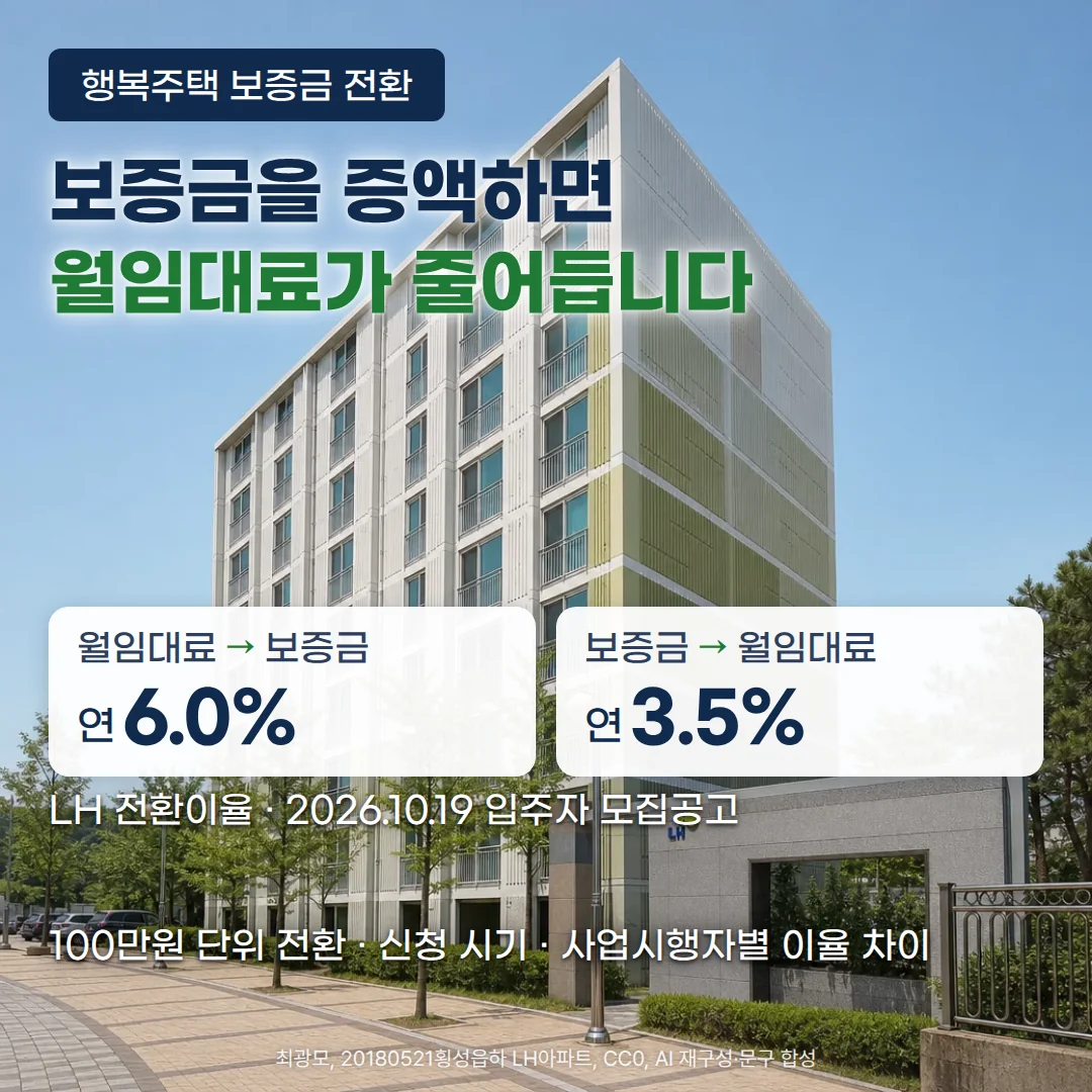 맑은 하늘 아래 흰색과 올리브색 외벽의 LH 아파트 동과 LH 로고가 있는 단지 입구 담장 위에 '행복주택 보증금 전환' 배지, '보증금을 증액하면 월임대료가 줄어듭니다' 제목, 월임대료→보증금 연 6.0%·보증금→월임대료 연 3.5% 두 카드와 'LH 전환이율 · 2026.10.19 입주자 모집공고' 설명, '100만원 단위 전환 · 신청 시기 · 사업시행자별 이율 차이' 문구가 있는 커버