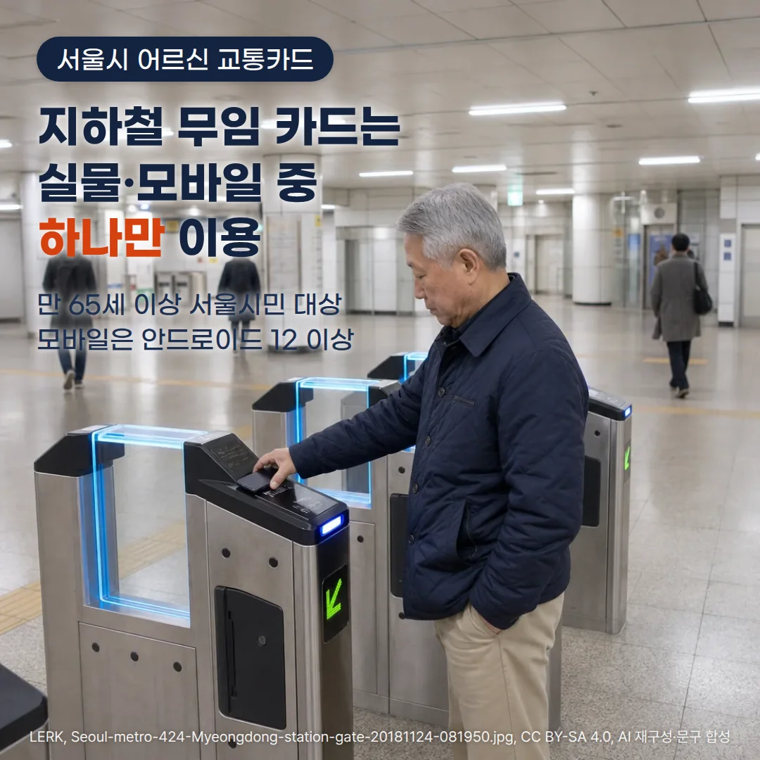 서울 지하철 개찰구에서 회색 머리의 어르신이 스마트폰을 교통카드 단말기에 대고 있는 장면 위에 '서울시 어르신 교통카드', '지하철 무임 카드는 실물·모바일 중 하나만 이용', '만 65세 이상 서울시민 대상', '모바일은 안드로이드 12 이상' 문구