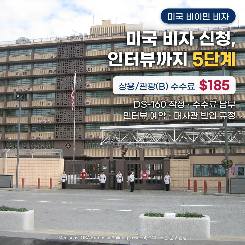 광화문 세종대로의 주한미국대사관 건물과 성조기, 경비 인력이 선 정문을 정면에서 담은 사진 위에 '미국 비이민 비자' 배지, '미국 비자 신청, 인터뷰까지 5단계' 제목, '상용/관광(B) 수수료 $185' 정보, 'DS-160 작성 · 수수료 납부 · 인터뷰 예약 · 대사관 반입 규정' 문구를 넣은 커버