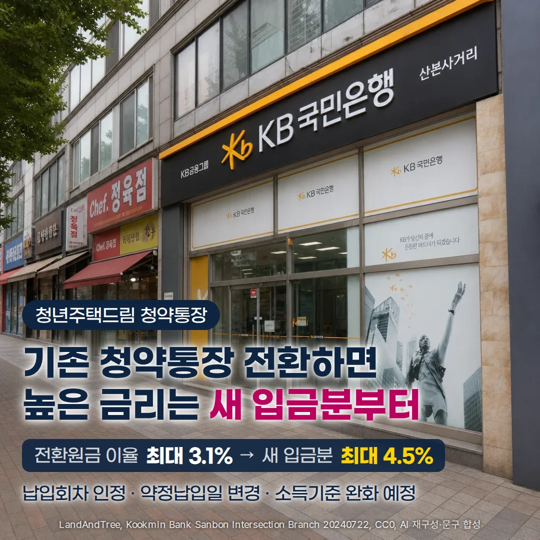 KB국민은행 산본사거리점 간판과 유리 출입문이 오른쪽 위로 비스듬히 이어지는 은행 영업점 외관 사진 위에 "청년주택드림 청약통장" 배지, "기존 청약통장 전환하면 높은 금리는 새 입금분부터" 제목, 전환원금 이율 최대 3.1%와 새 입금분 최대 4.5%를 비교한 띠, "납입회차 인정 · 약정납입일 변경 · 소득기준 완화 예정" 안내 문구가 놓인 커버