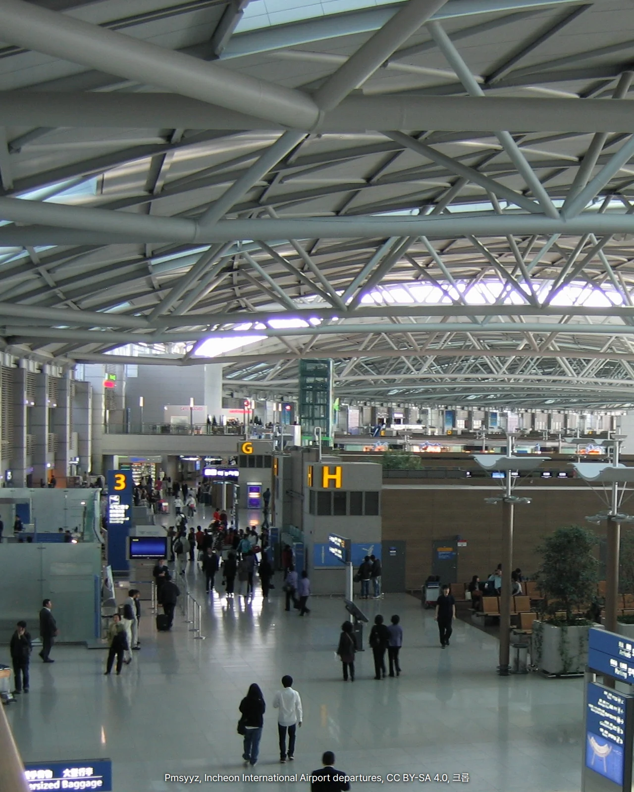 인천공항 제1여객터미널 출국층의 트러스 천장 아래로 H 구역 체크인 카운터가 늘어서 있고, 여객들이 넓은 바닥을 오가는 사진입니다