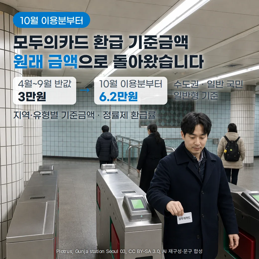 지하철 개찰구에서 한 남성이 '모두의카드' 문구가 인쇄된 교통카드를 들고 지나가는 장면 위에 '10월 이용분부터', '모두의카드 환급 기준금액 원래 금액으로 돌아왔습니다', '4월~9월 반값 3만원에서 10월 이용분부터 6.2만원, 수도권·일반 국민·일반형 기준', '지역·유형별 기준금액 · 정률제 환급률' 문구가 있는 커버